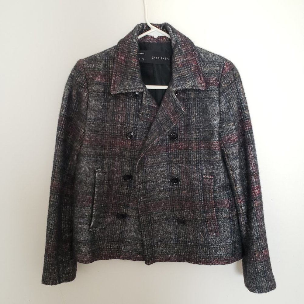 Zara women's cropped wool blend blazer - size small - gray with red accents